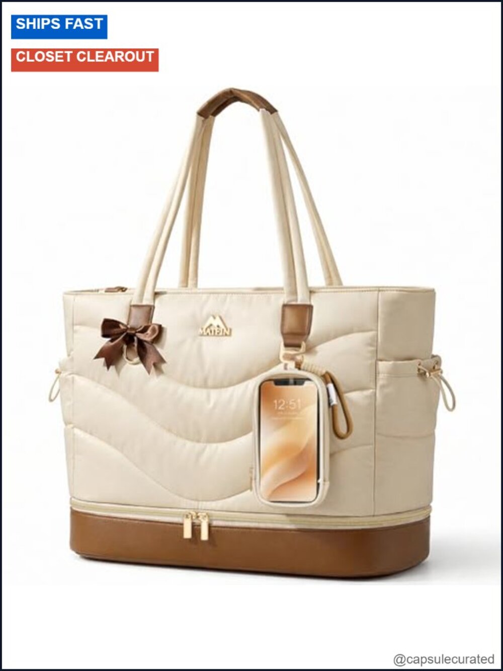Puffer Tote Bag with Insulated Lunch Compartment, Fits 15.6" Laptop, Water
